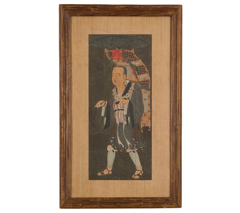 LOT 323 | PAINTING OF XUANZANG | 玄奘三藏圖 鏡框 紙本設色 colour on paper, depicting the renowned monk in Tang Dynasty bearing Buddhist sutras crated in bamboo, painted in the manner with an anonymous painting of Xuanzang. Japan, Kamakura Period (14th century), now in the collection of Tokyo National Museum (Qty: 1) 35.5cm x 15.5cm | £200 - £300 + fees